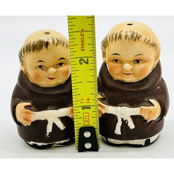 Friar Tuck Salt Pepper Shakers 2.5 inch Ceramic Cork Stoppers Vintage - Picture 6 of 6